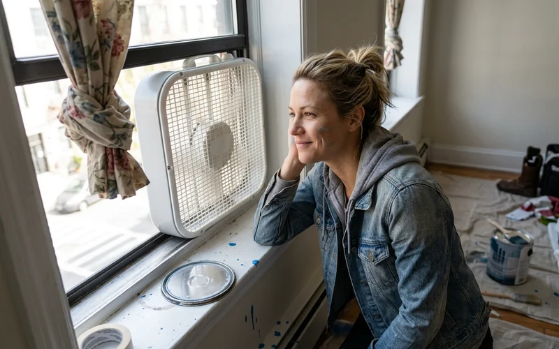 Box fan in an open window of a freshly painted bedroom