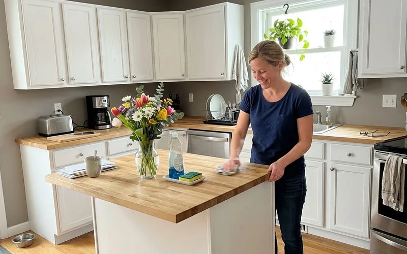 Bright kitchen with newly painted cabinets staged for listing photos