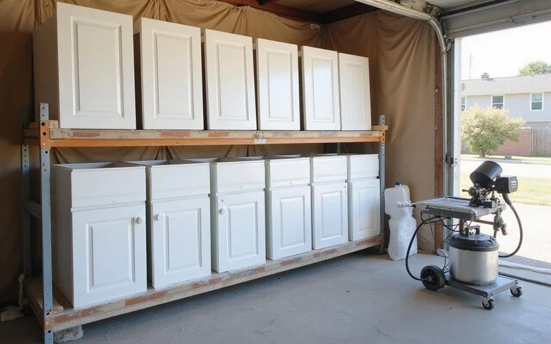 Cabinet doors drying on a rack in a garage after spraying