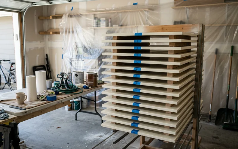 Numbered cabinet doors on a drying rack after spraying