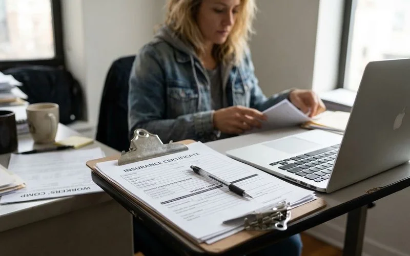 Certificate of insurance and workers' comp paperwork on a clipboard