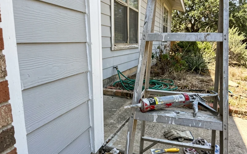Fresh caulk bead along a siding joint with a caulk gun resting on a ladder step