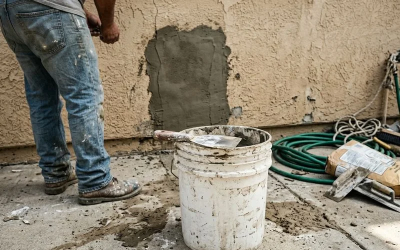 Patched stucco crack before coating with a putty knife resting on a bucket