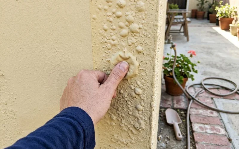 Blistered paint on a sunny exterior wall next to sound paint