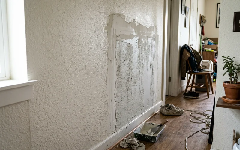 Knockdown texture beside a freshly textured patch before priming