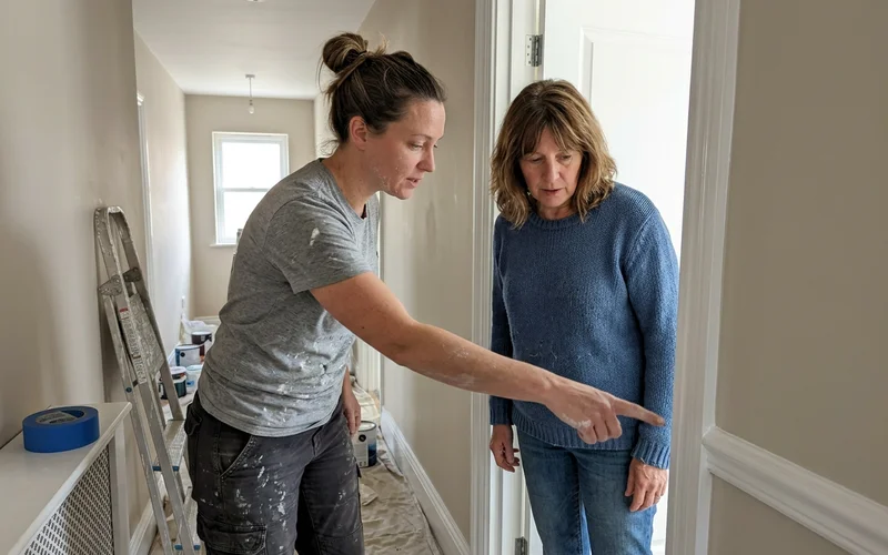 Crew lead and homeowner doing a final walkthrough in a freshly painted hallway