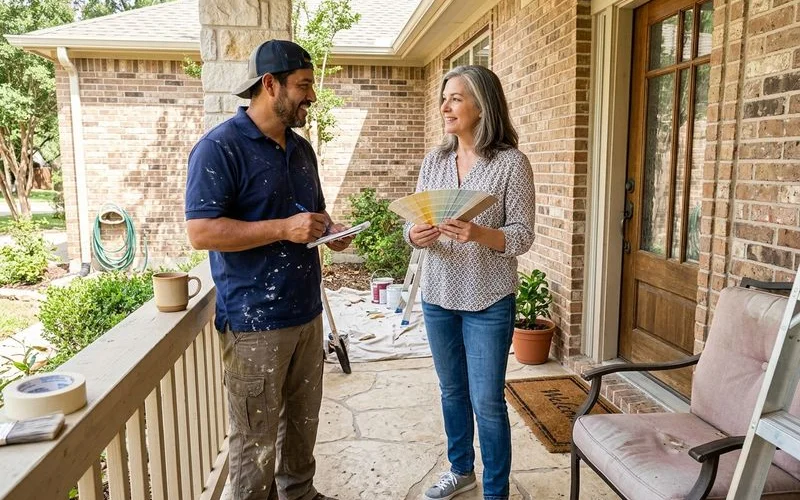 Field Superintendent reviewing prep work with a homeowner on the front porch