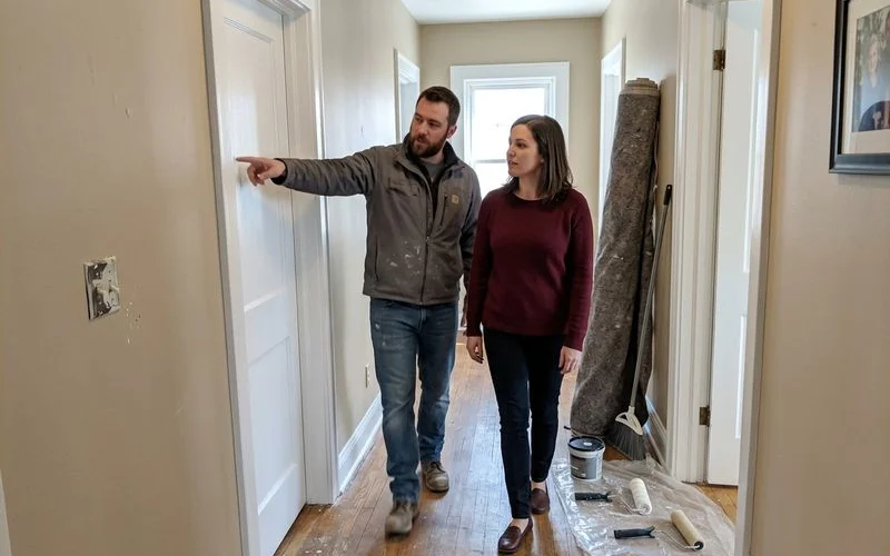 Crew lead walking a freshly painted hallway with a homeowner during the final walkthrough