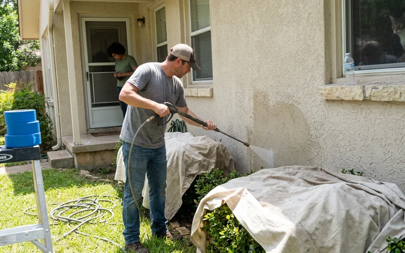 Crew member pressure washing a chalky stucco wall before exterior painting