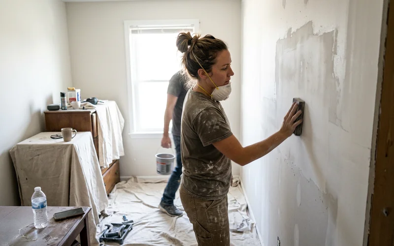 Sanding a patched drywall spot before priming in a covered bedroom