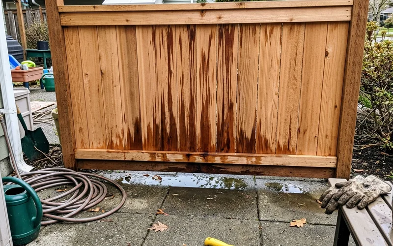 Dark tannin bleed streaks on a light-stained cedar board