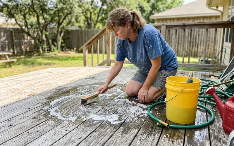 Deck boards being cleaned with wood brightener and a scrub brush