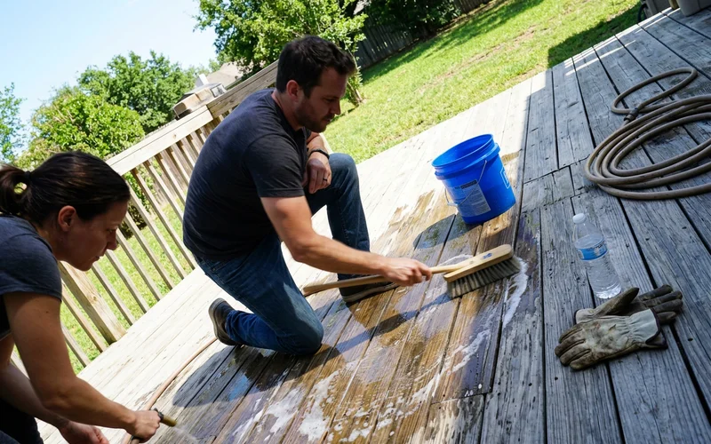 Scrubbing deck boards with wood brightener before staining