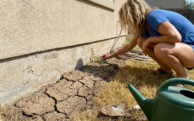 Dry cracked clay soil next to a home foundation in late summer