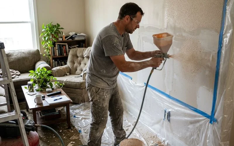 Drywall worker spraying orange peel texture from a hopper gun onto a patch