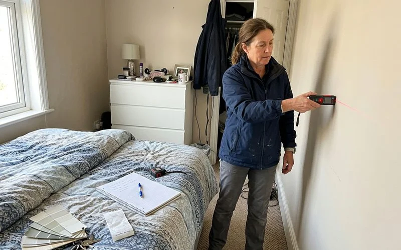 Estimator measuring a bedroom wall with a laser measure