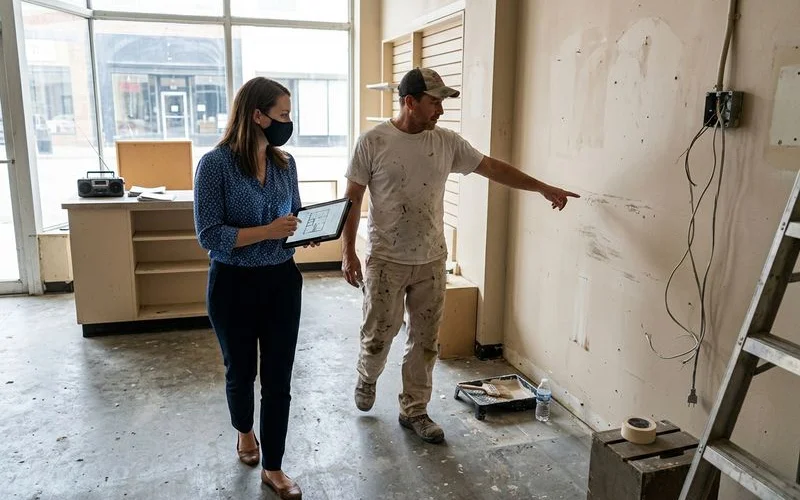Facility manager walking a retail space with a painter during a site walk
