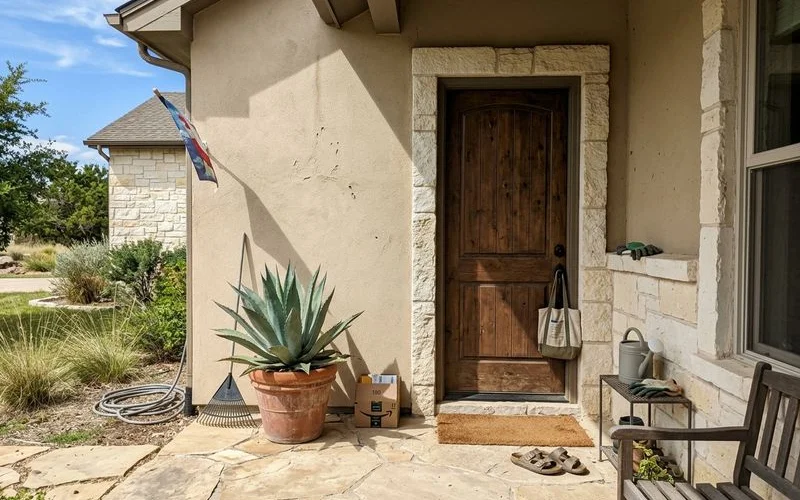 Finished elastomeric-coated stucco wall with limestone trim