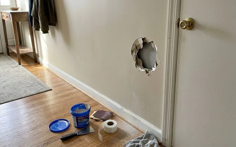 Fist-size hole in hallway drywall next to a doorknob with a patch kit