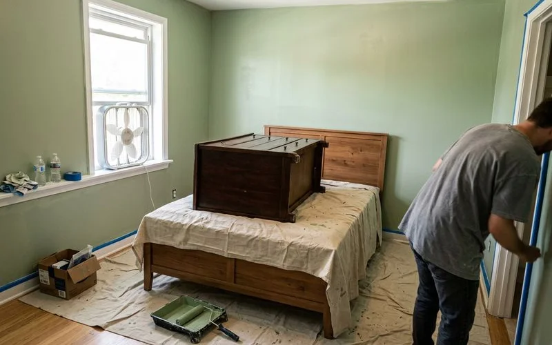 Freshly painted bedroom with furniture under drop cloths while paint dries