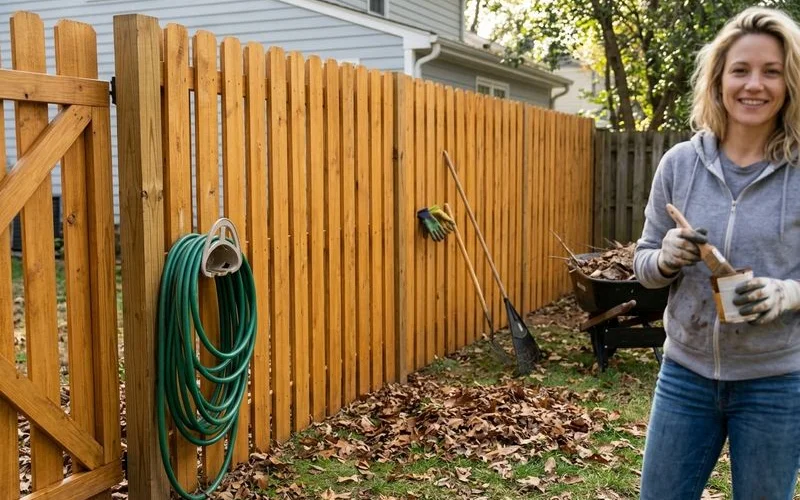 Freshly stained backyard fence with fallen leaves on the grass in late autumn light