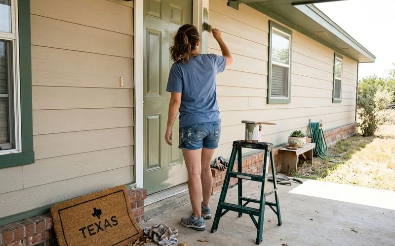 Front door and trim being repainted on a Texas ranch house