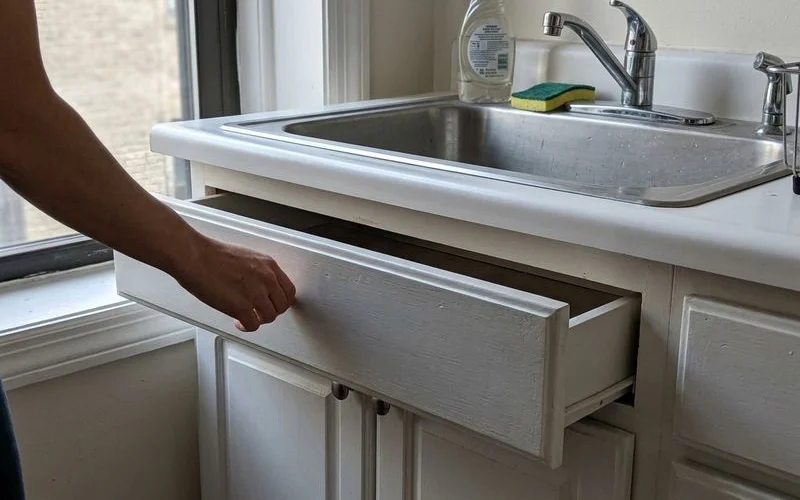 Hand opening a painted cabinet drawer near the sink showing smooth enamel