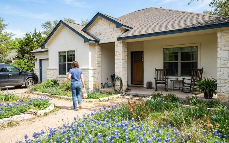 Hill Country stucco home with limestone accents and fresh paint