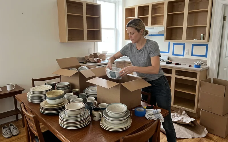 Homeowner emptying kitchen cabinets onto a dining table before painting