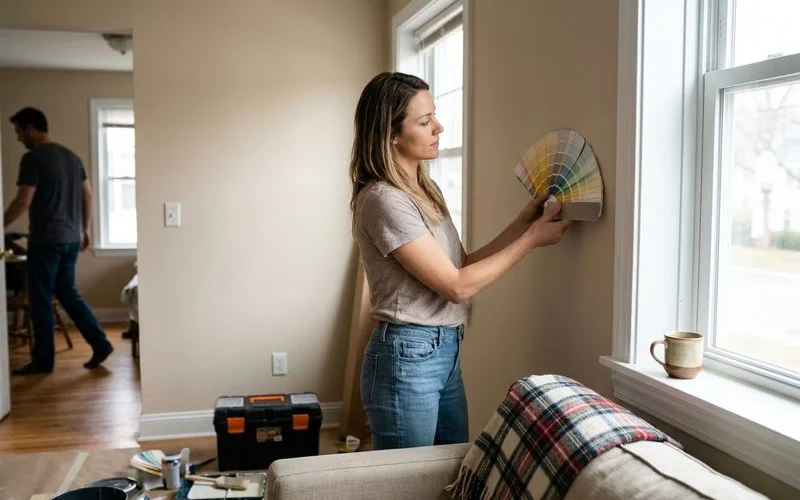 Homeowner holding a paint fan deck against a living room wall