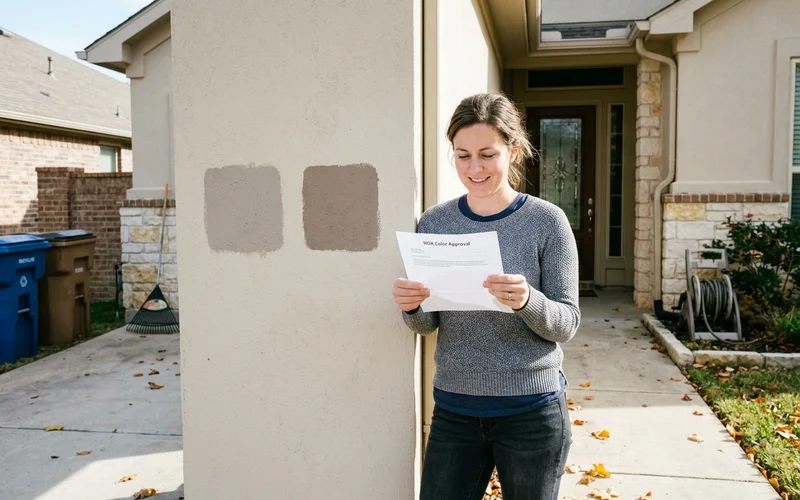 Homeowner holding an HOA approval letter next to paint sample patches