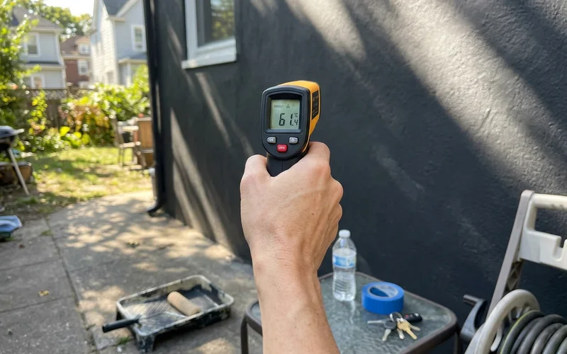 Infrared thermometer checking the surface temperature of a hot painted wall