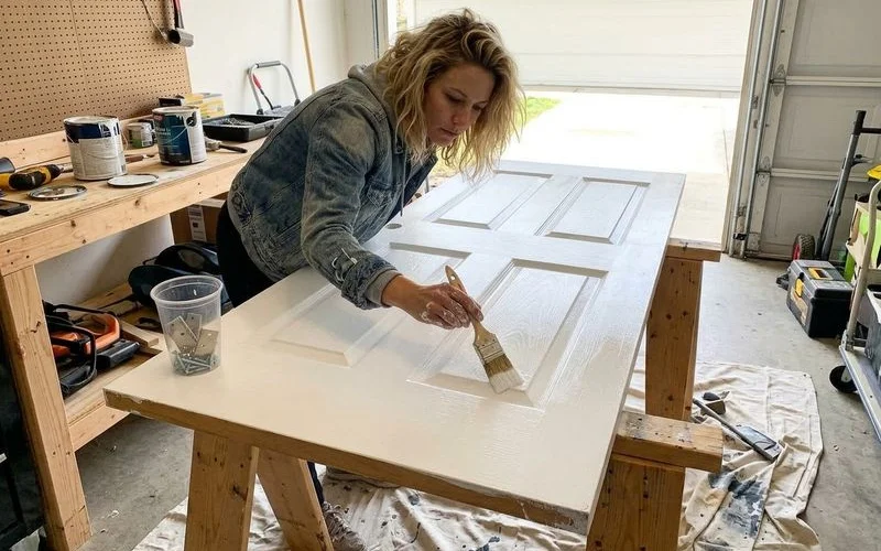 Interior door laid flat on sawhorses being brushed with white enamel