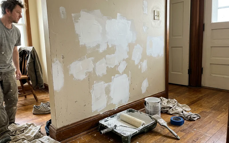 Interior wall with sanded drywall patches spot primed before painting