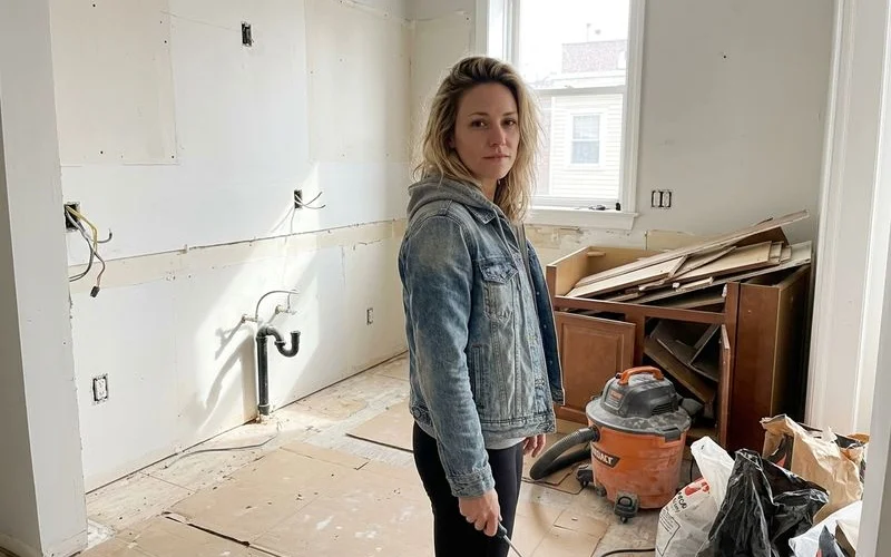 Kitchen torn out for cabinet replacement with exposed walls and plumbing