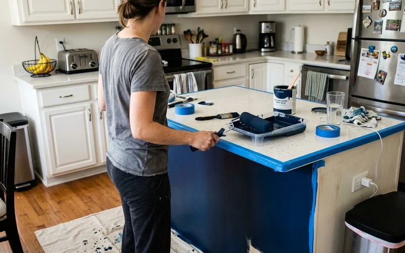 Kitchen island painted deep blue while perimeter cabinets stay white