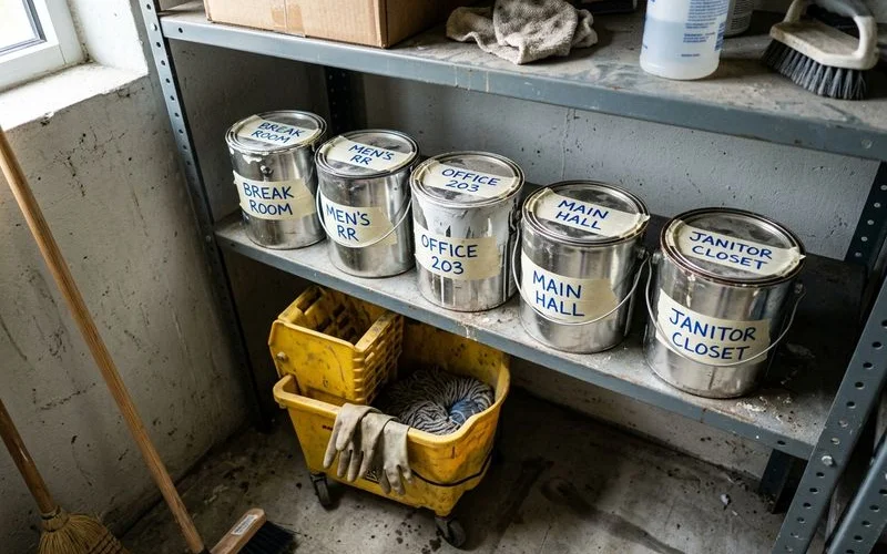 Labeled commercial paint cans on a maintenance closet shelf