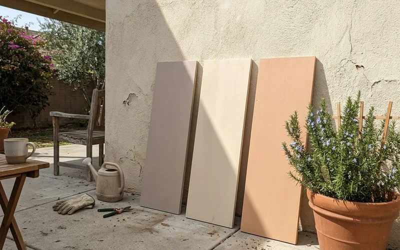 Large painted sample boards leaning against a sunny stucco wall