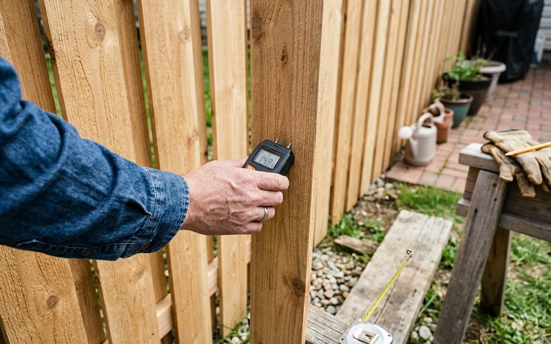 Moisture meter pressed against a new cedar picket