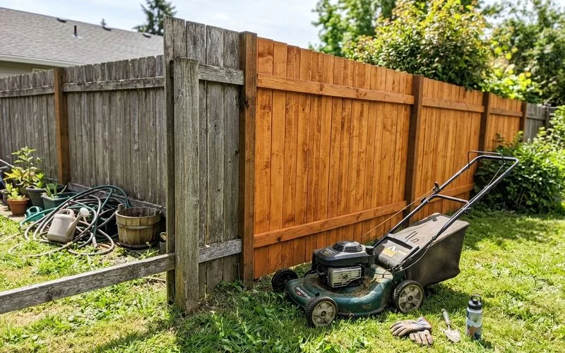 Unstained neighbor side of a fence next to the freshly stained side