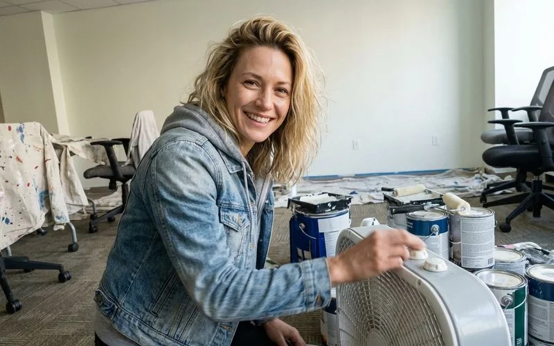 Office reset at dawn with chairs back at desks and fans running