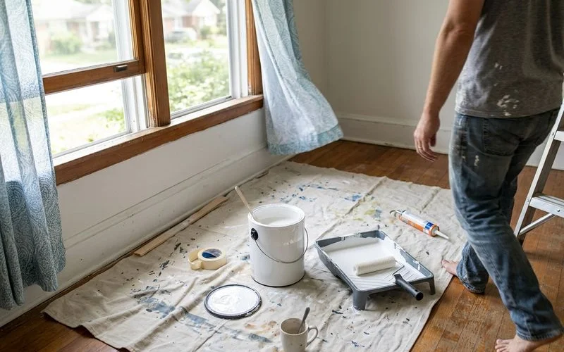 Open paint can and roller tray near an open window