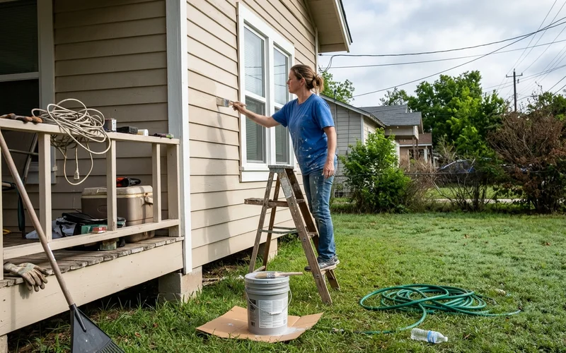 Painter applying light-colored acrylic paint to siding in early morning shade