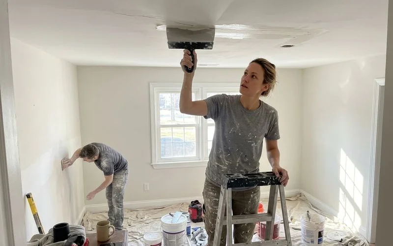 Painter embedding paper tape over a cracked ceiling joint