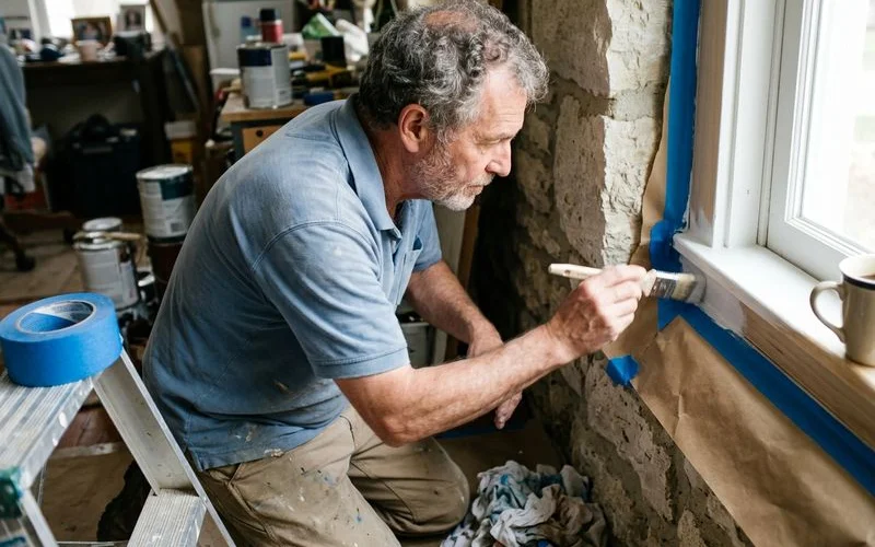 Painter masking limestone while cutting in window trim by hand