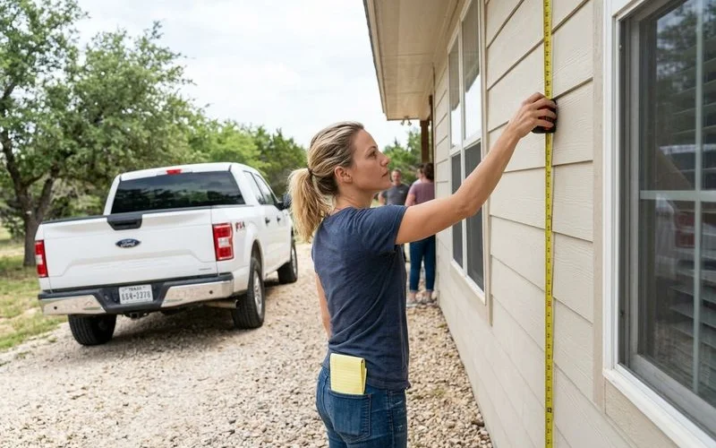 Painter measuring siding height on a single-story ranch house