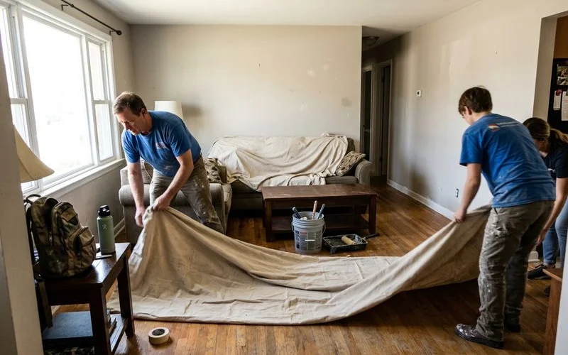 Painting crew in matching shirts laying drop cloths in a living room