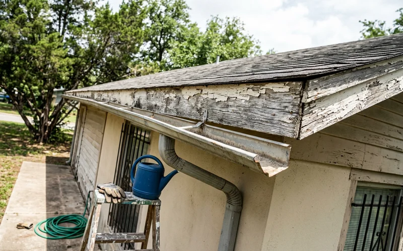 Peeling paint and bare wood on a fascia board under the roof edge