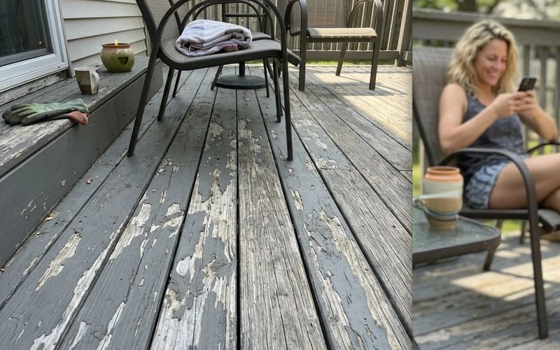 Peeling solid stain on worn deck boards near patio chairs