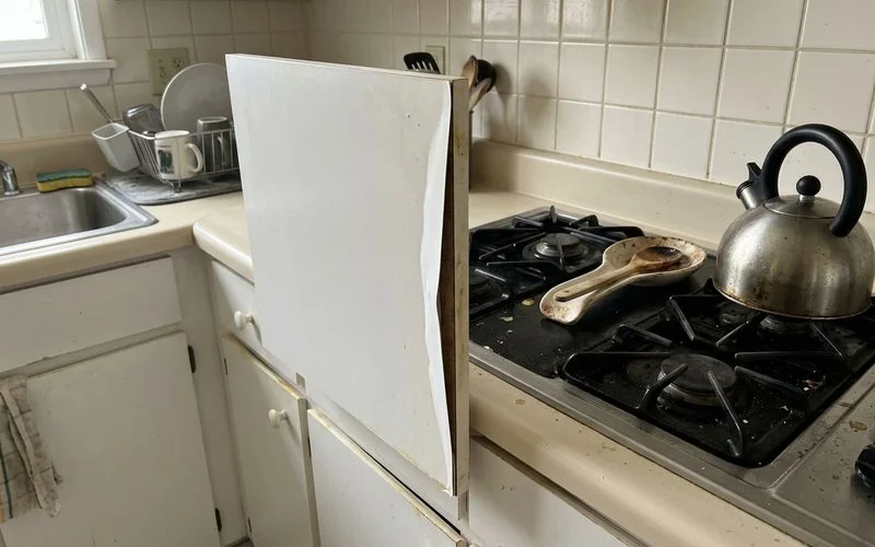 Peeling thermofoil cabinet door edge lifting near a stove